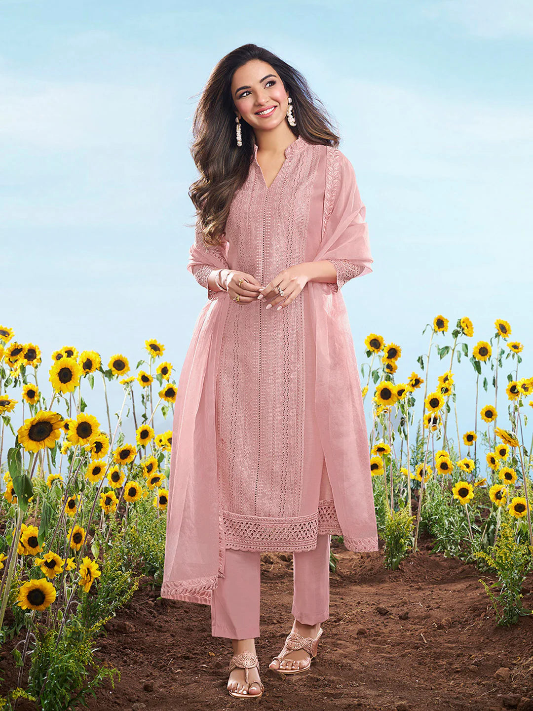 Ethnic Motifs Embroidered Chikankari Kurta Set With Dupatta (Jasmin Bhasin Style)
