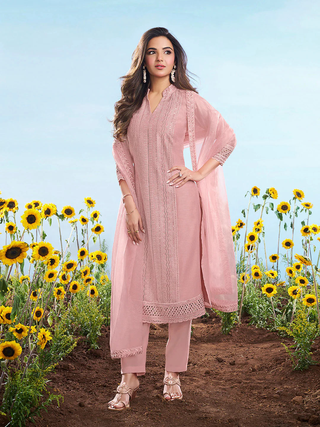 Ethnic Motifs Embroidered Chikankari Kurta Set With Dupatta (Jasmin Bhasin Style)