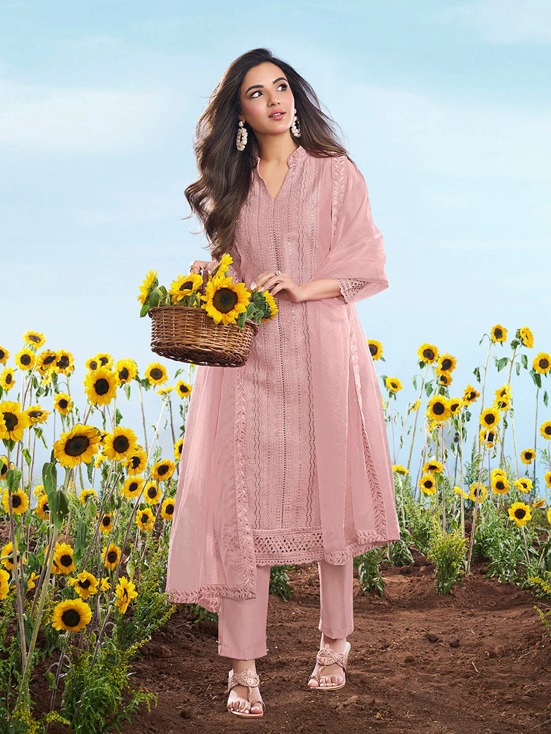 Ethnic Motifs Embroidered Chikankari Kurta Set With Dupatta (Jasmin Bhasin Style)