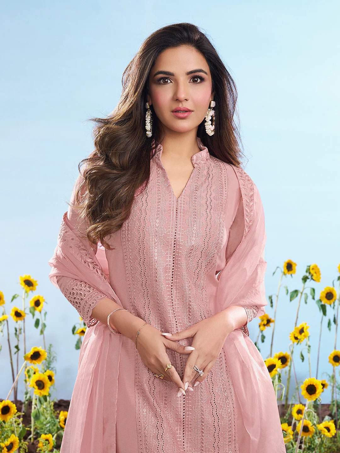 Ethnic Motifs Embroidered Chikankari Kurta Set With Dupatta (Jasmin Bhasin Style)