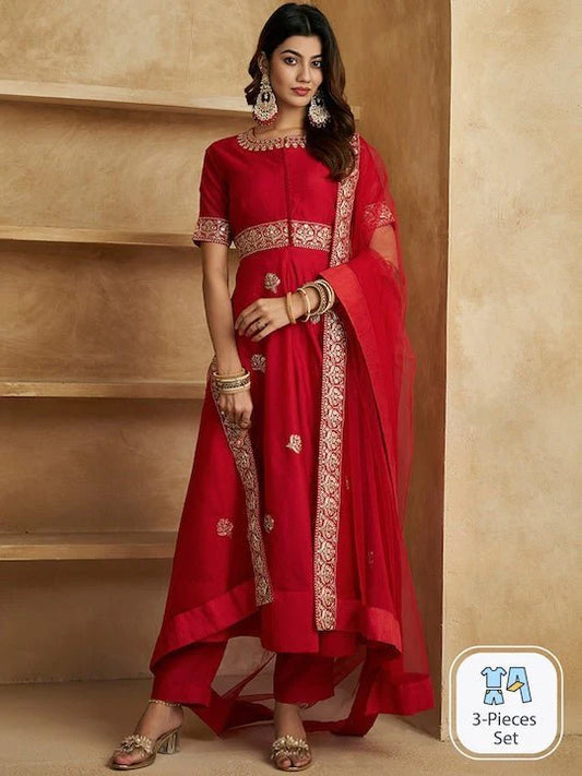 ETHNIC MOTIFS EMBROIDERED HIGH SLIT ZARI KURTA WITH TROUSERS & WITH DUPATTA