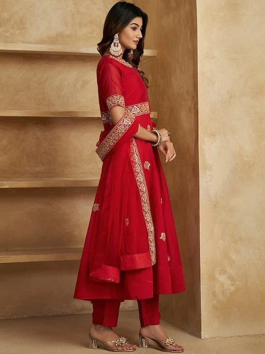 ETHNIC MOTIFS EMBROIDERED HIGH SLIT ZARI KURTA WITH TROUSERS & WITH DUPATTA