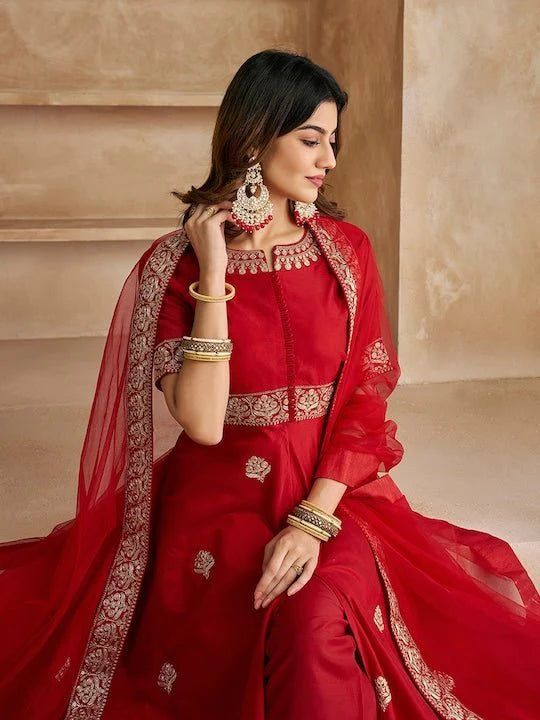 ETHNIC MOTIFS EMBROIDERED HIGH SLIT ZARI KURTA WITH TROUSERS & WITH DUPATTA