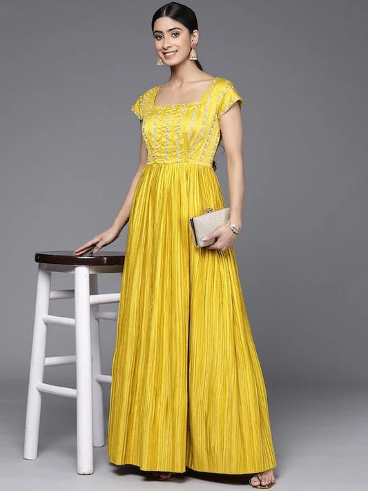 ETHNIC MOTIFS EMBROIDERED SEQUINNED SATIN ETHNIC DRESS