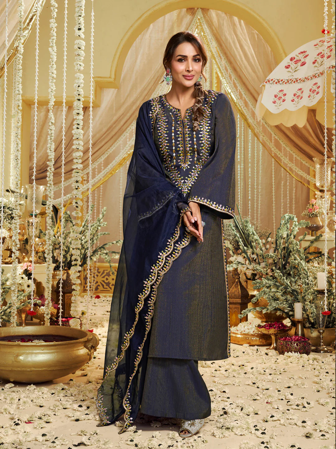 Ethnic Motifs Yoke Design Kurta with Palazzos & Dupatta Kurta Sets (Malaika Style)