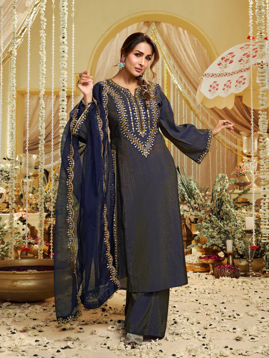 Ethnic Motifs Yoke Design Kurta with Palazzos & Dupatta Kurta Sets (Malaika Style)