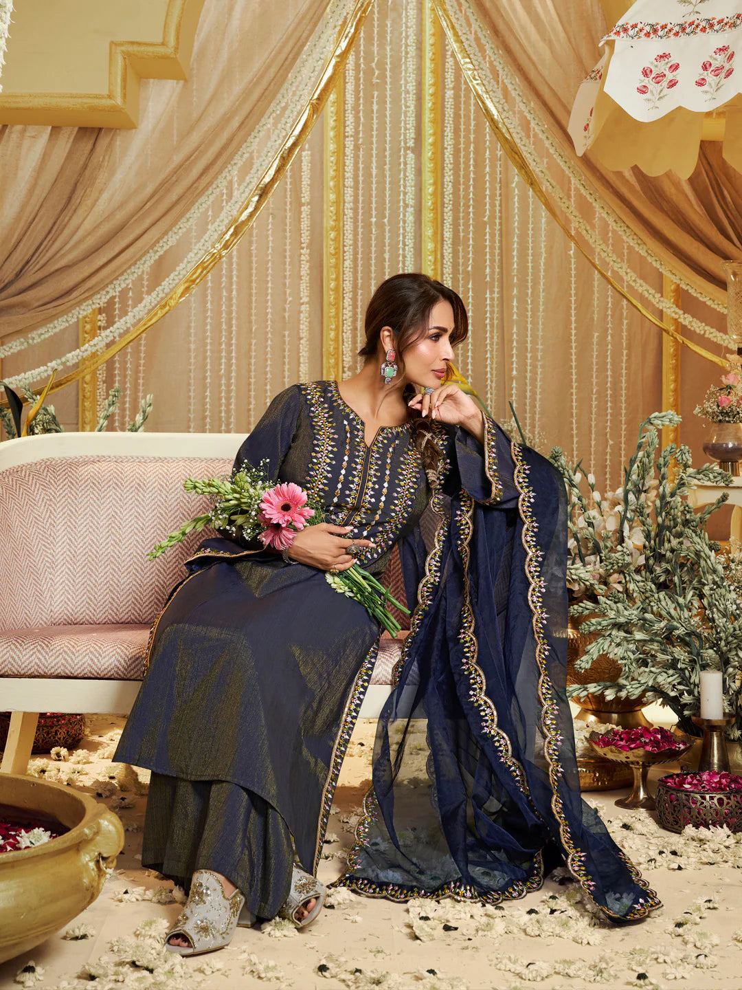 Ethnic Motifs Yoke Design Kurta with Palazzos & Dupatta Kurta Sets (Malaika Style)