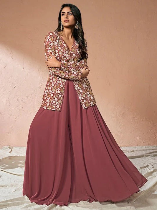 FLORAL EMBROIDERED HIGH SLIT SEQUINNED A-LINE KURTA WITH PALAZZOS