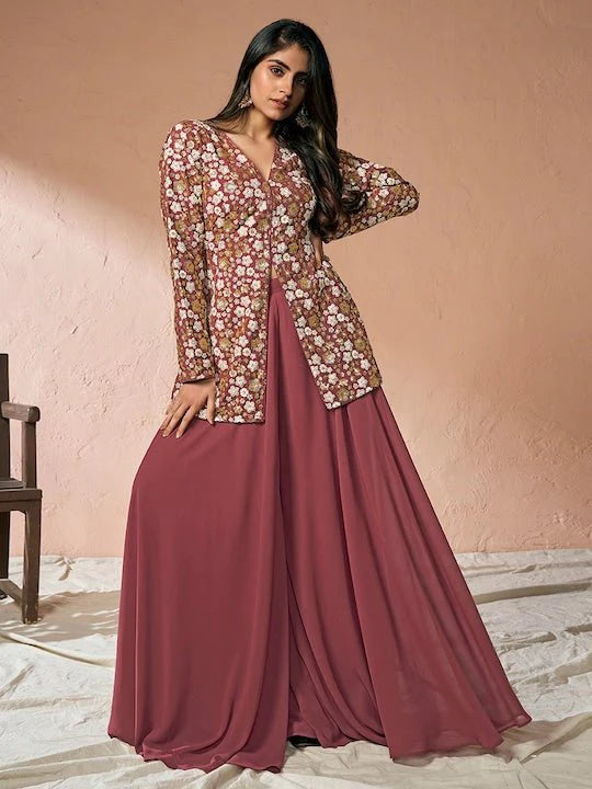FLORAL EMBROIDERED HIGH SLIT SEQUINNED A-LINE KURTA WITH PALAZZOS