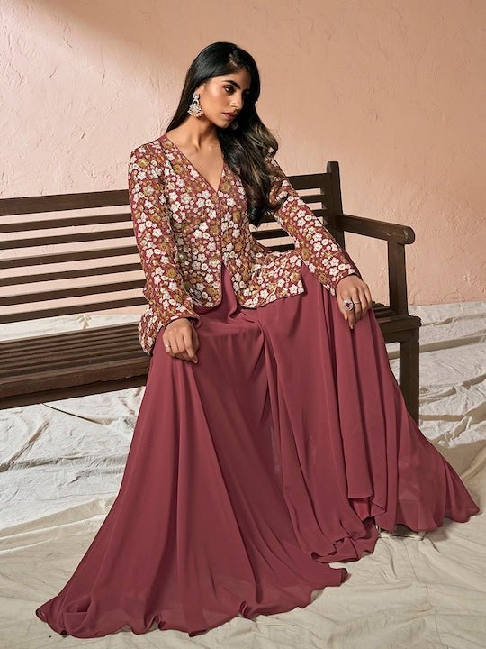 FLORAL EMBROIDERED HIGH SLIT SEQUINNED A-LINE KURTA WITH PALAZZOS