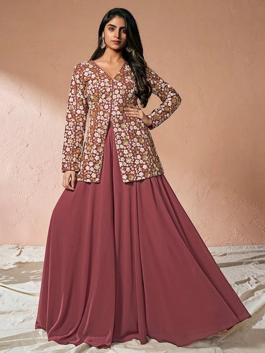 FLORAL EMBROIDERED HIGH SLIT SEQUINNED A-LINE KURTA WITH PALAZZOS
