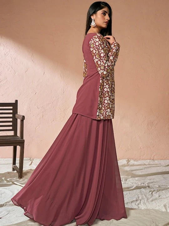 FLORAL EMBROIDERED HIGH SLIT SEQUINNED A-LINE KURTA WITH PALAZZOS