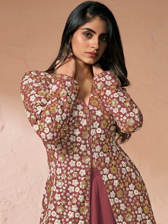 FLORAL EMBROIDERED HIGH SLIT SEQUINNED A-LINE KURTA WITH PALAZZOS