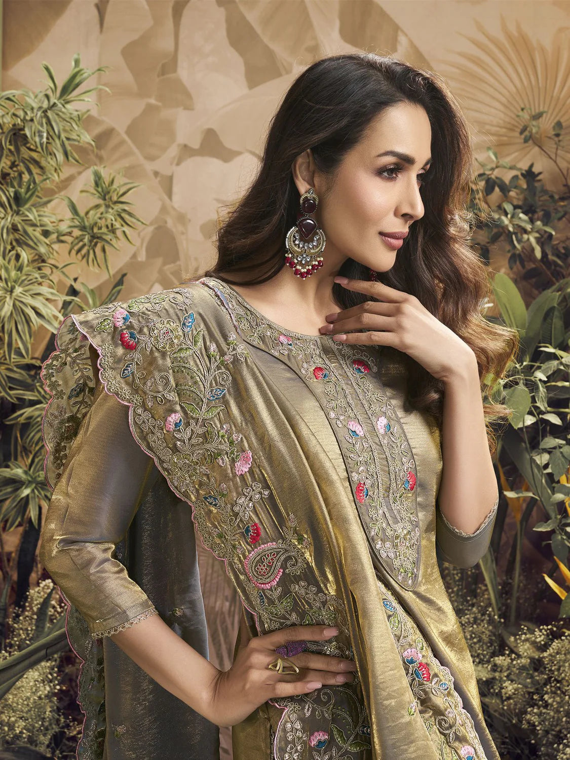 FLORAL EMBROIDERED REGULAR KURTA WITH TROUSERS & DUPATTA (MALAIKA STYLE)