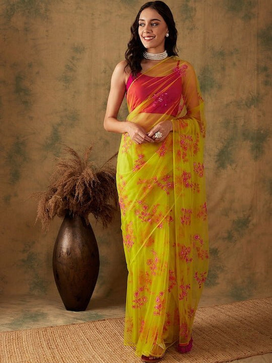 Floral Embroidered Sequins Details Yellow Net Saree