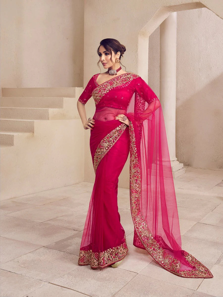 Floral Sequins & Thread Embroidered Saree With Blouse Piece (Malaika Arora Style)