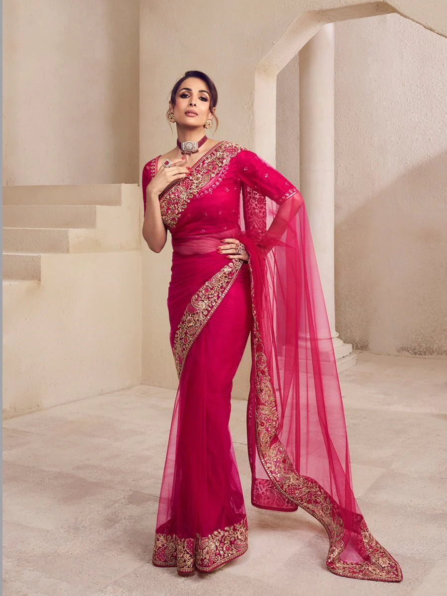 Floral Sequins & Thread Embroidered Saree With Blouse Piece (Malaika Arora Style)