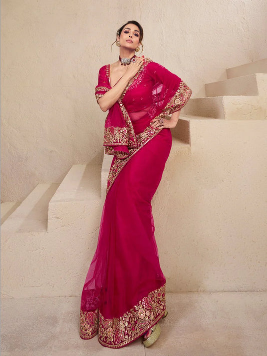Floral Sequins & Thread Embroidered Saree With Blouse Piece (Malaika Arora Style)