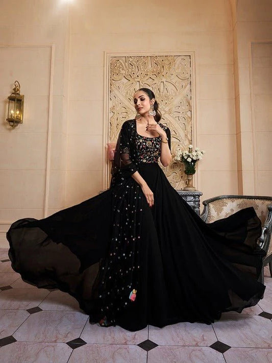 FLORAL EMBROIDERED FIT & FLARE MAXI ETHNIC DRESS WITH DUPATTA