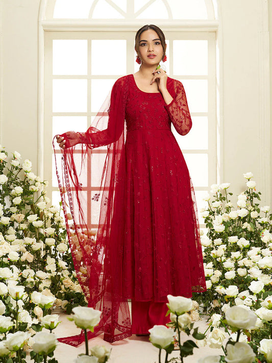 Floral Embroidered Round Neck Sequinned Anarkali Kurta With Palazzos & Dupatta ( Jasmin Bhasin Style)
