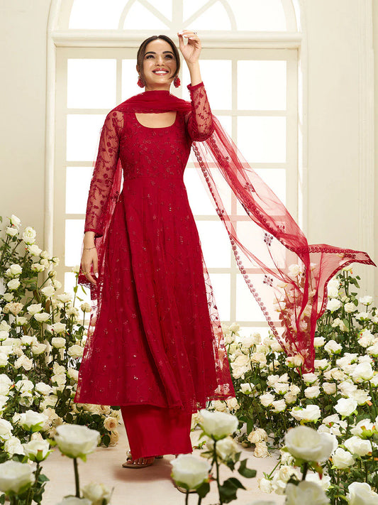 Floral Embroidered Round Neck Sequinned Anarkali Kurta With Palazzos & Dupatta ( Jasmin Bhasin Style)
