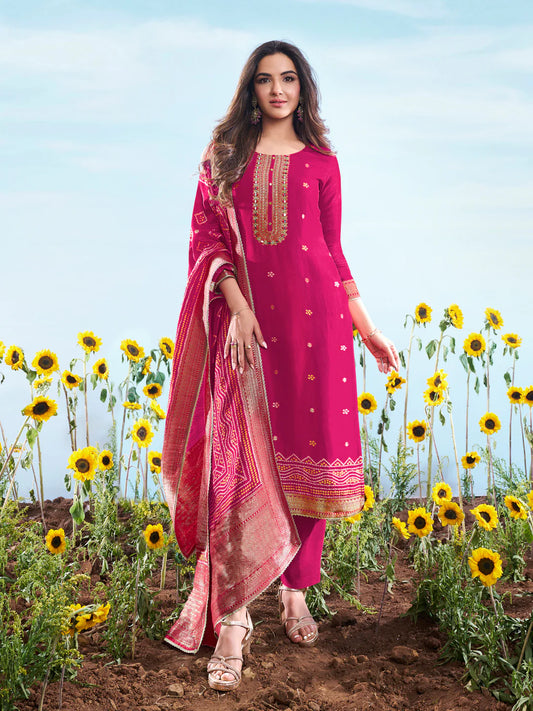 Floral Embroidered Sequnnied Jacquard Straight Kurta & Trousers With Dupatta (Jasmin Bhasin)
