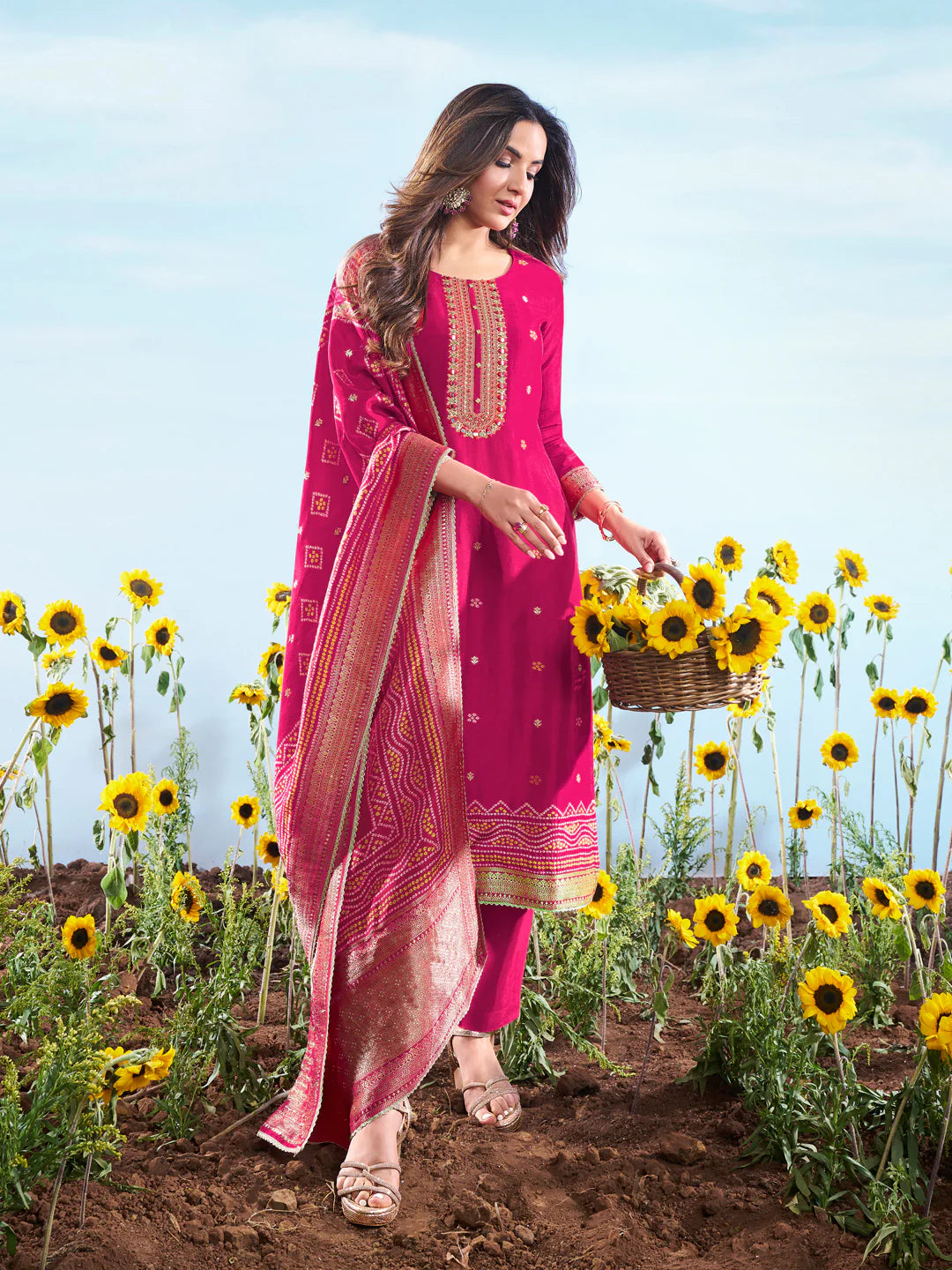 Floral Embroidered Sequnnied Jacquard Straight Kurta & Trousers With Dupatta (Jasmin Bhasin)