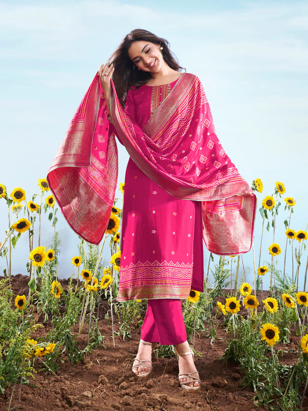 Floral Embroidered Sequnnied Jacquard Straight Kurta & Trousers With Dupatta (Jasmin Bhasin)