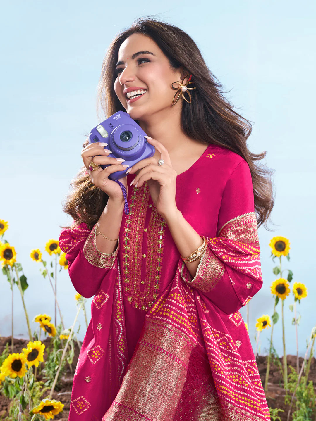 Floral Embroidered Sequnnied Jacquard Straight Kurta & Trousers With Dupatta (Jasmin Bhasin)