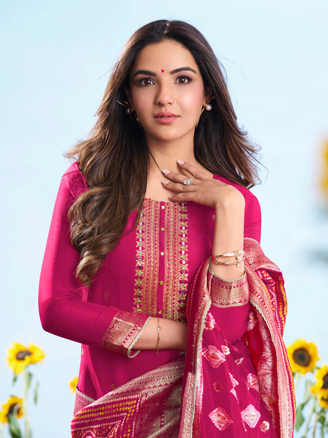 Floral Embroidered Sequnnied Jacquard Straight Kurta & Trousers With Dupatta (Jasmin Bhasin)