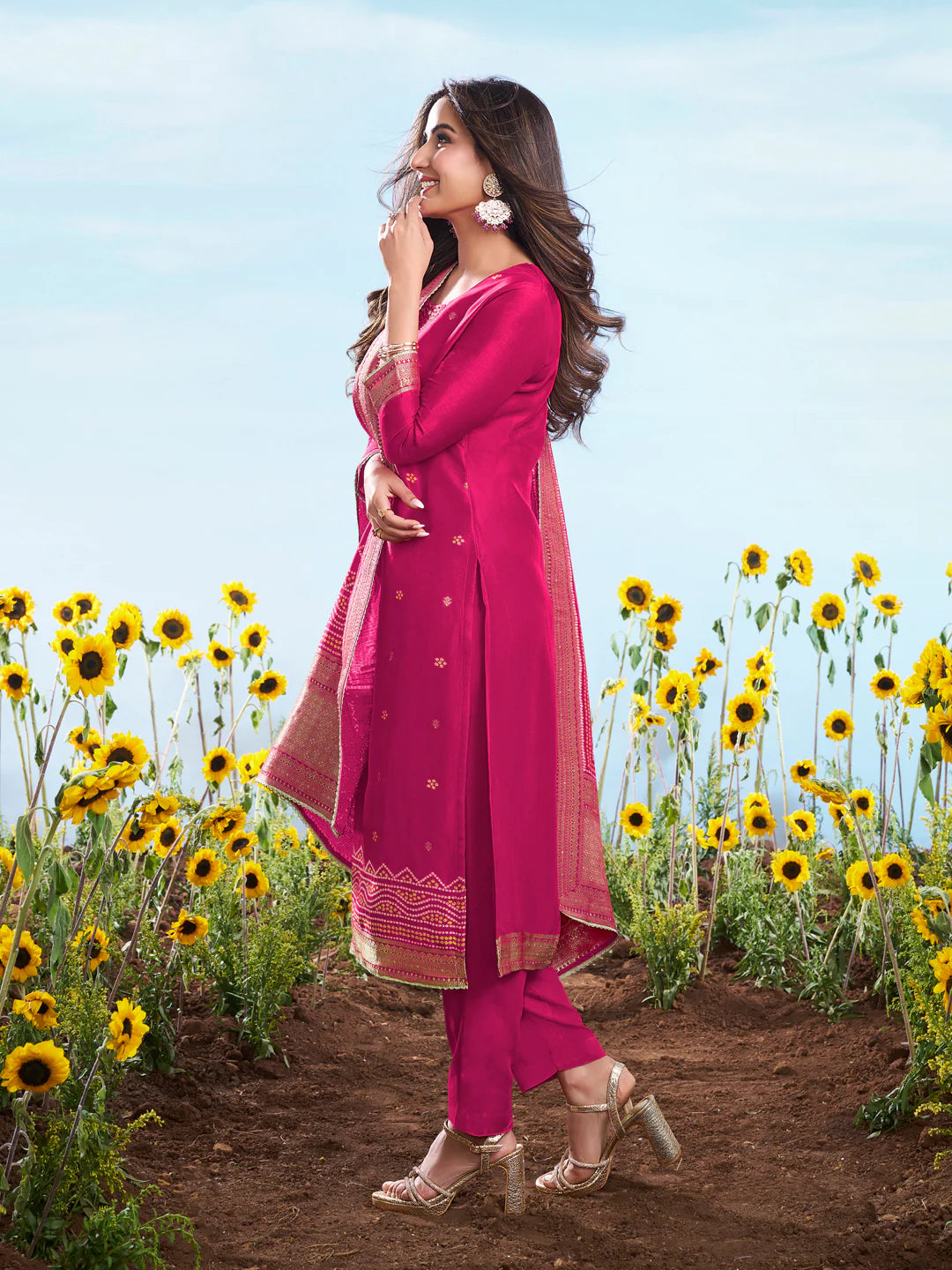 Floral Embroidered Sequnnied Jacquard Straight Kurta & Trousers With Dupatta (Jasmin Bhasin)