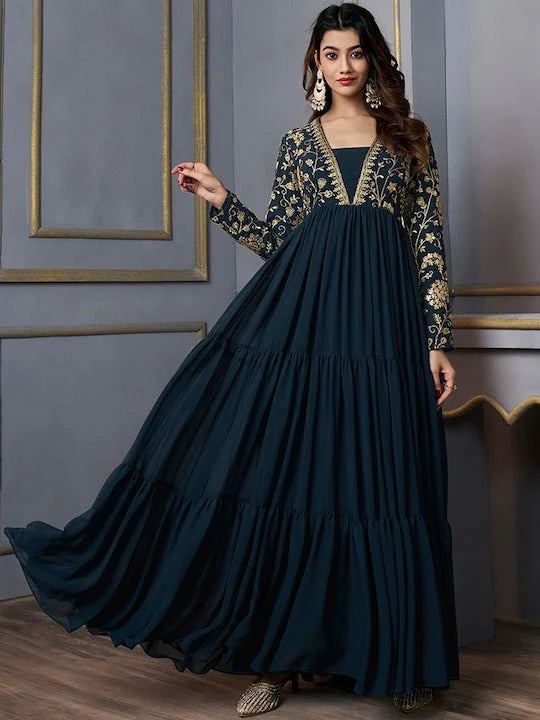 Floral Embroidered Square Neck Fit & Flare Ethnic Maxi Dress