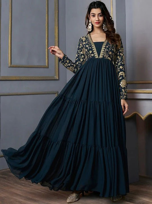 Floral Embroidered Square Neck Fit & Flare Ethnic Maxi Dress