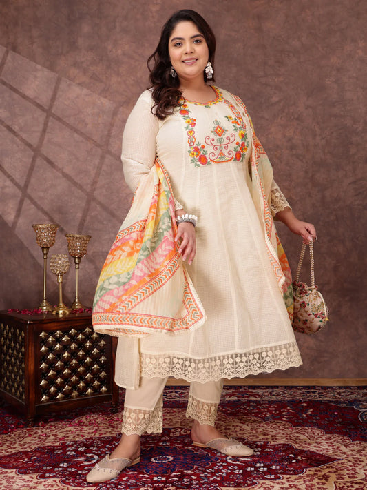 Floral Embroidered Thread Work Anarkali Kurta with Trousers & Dupatta