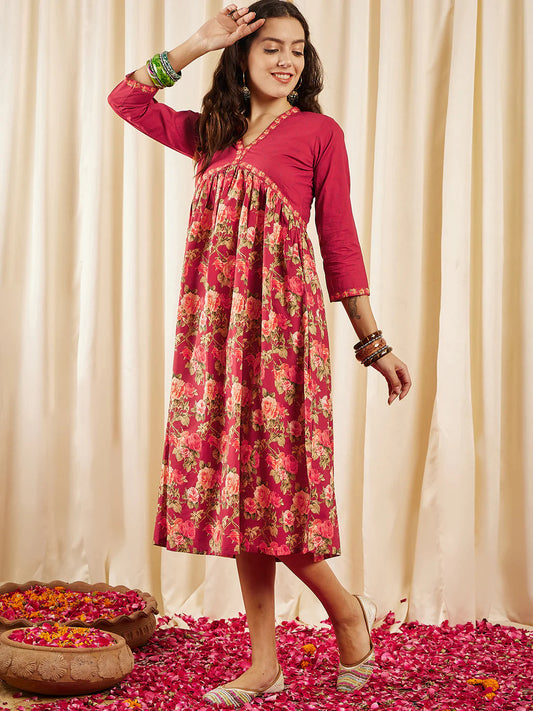 Floral Printed Empire A-Line Ethnic Dress