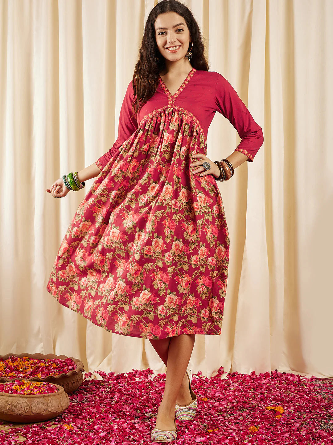 Floral Printed Empire A-Line Ethnic Dress