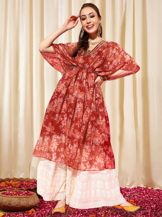 Floral Printed Gotta Patti Floral Kaftan Kurta