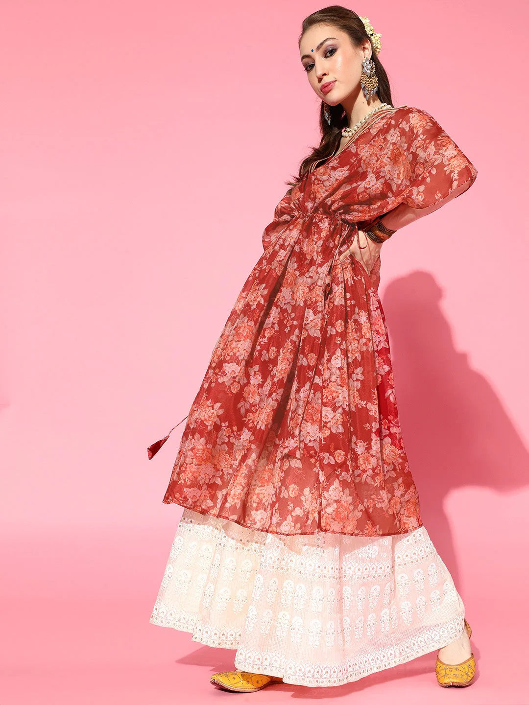 Floral Printed Gotta Patti Floral Kaftan Kurta