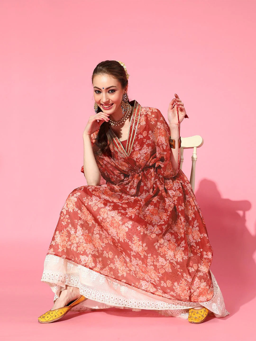 Floral Printed Gotta Patti Floral Kaftan Kurta