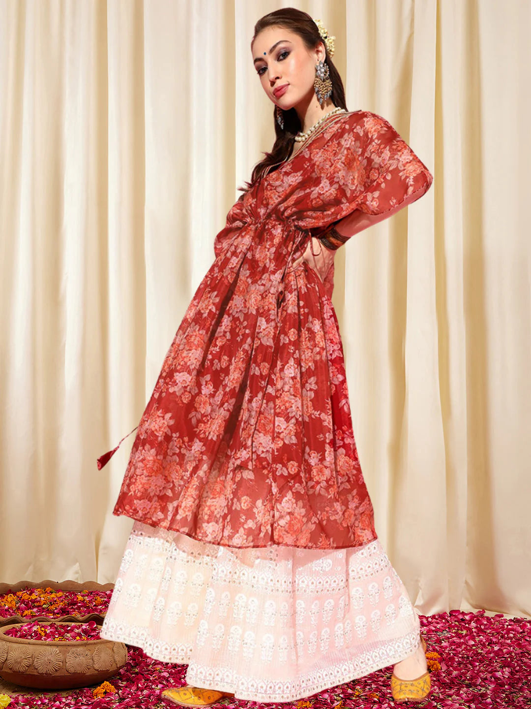 Floral Printed Gotta Patti Floral Kaftan Kurta