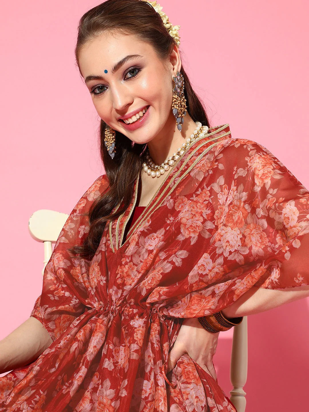 Floral Printed Gotta Patti Floral Kaftan Kurta
