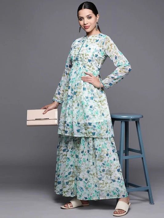 Women Floral Printed Mirror Work Kurta With Sharara