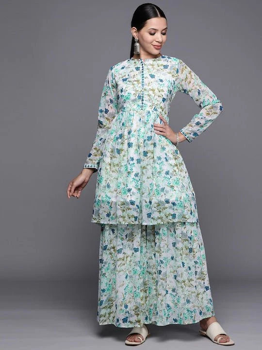 Women Floral Printed Mirror Work Kurta With Sharara