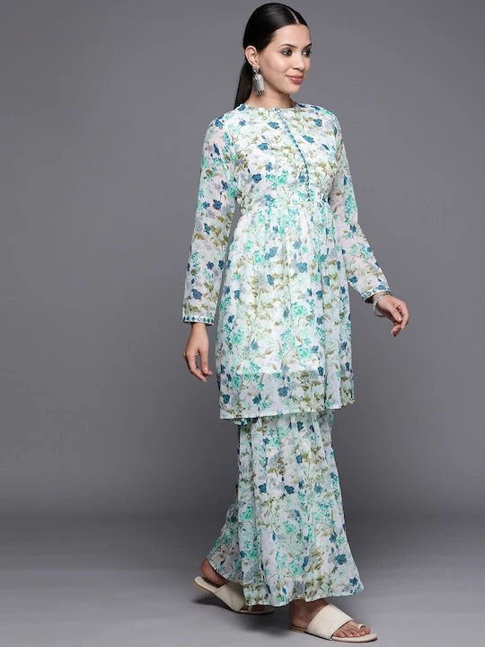 Women Floral Printed Mirror Work Kurta With Sharara