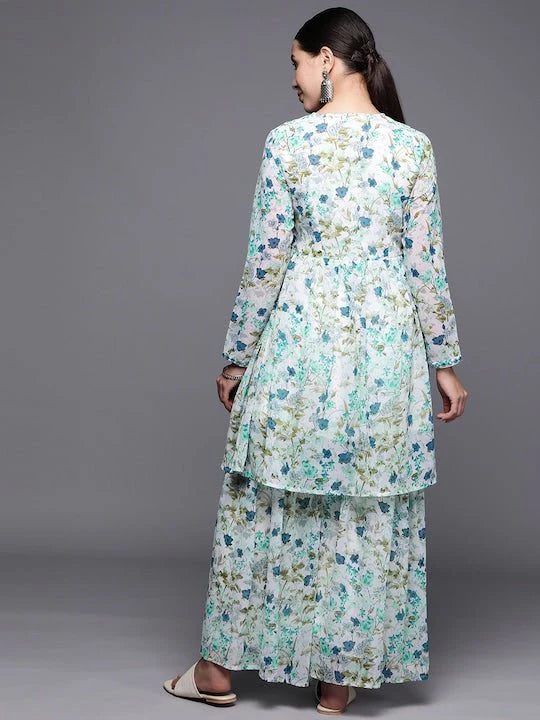 Women Floral Printed Mirror Work Kurta With Sharara