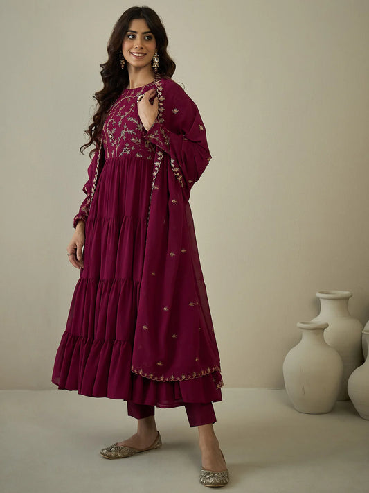 Floral Yoke Design Tiered Kurta with Trousers & With Dupatta