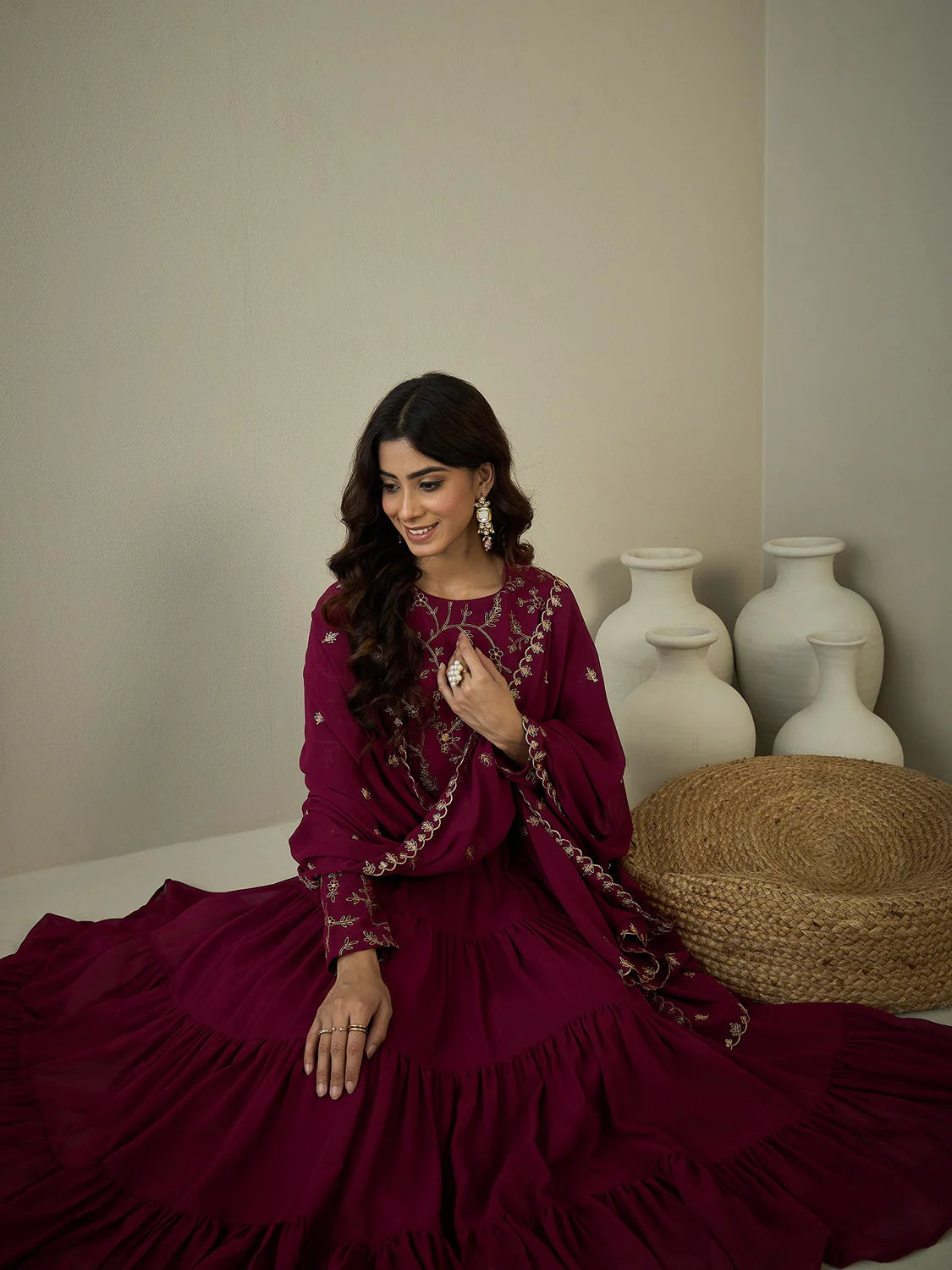 Floral Yoke Design Tiered Kurta with Trousers & With Dupatta