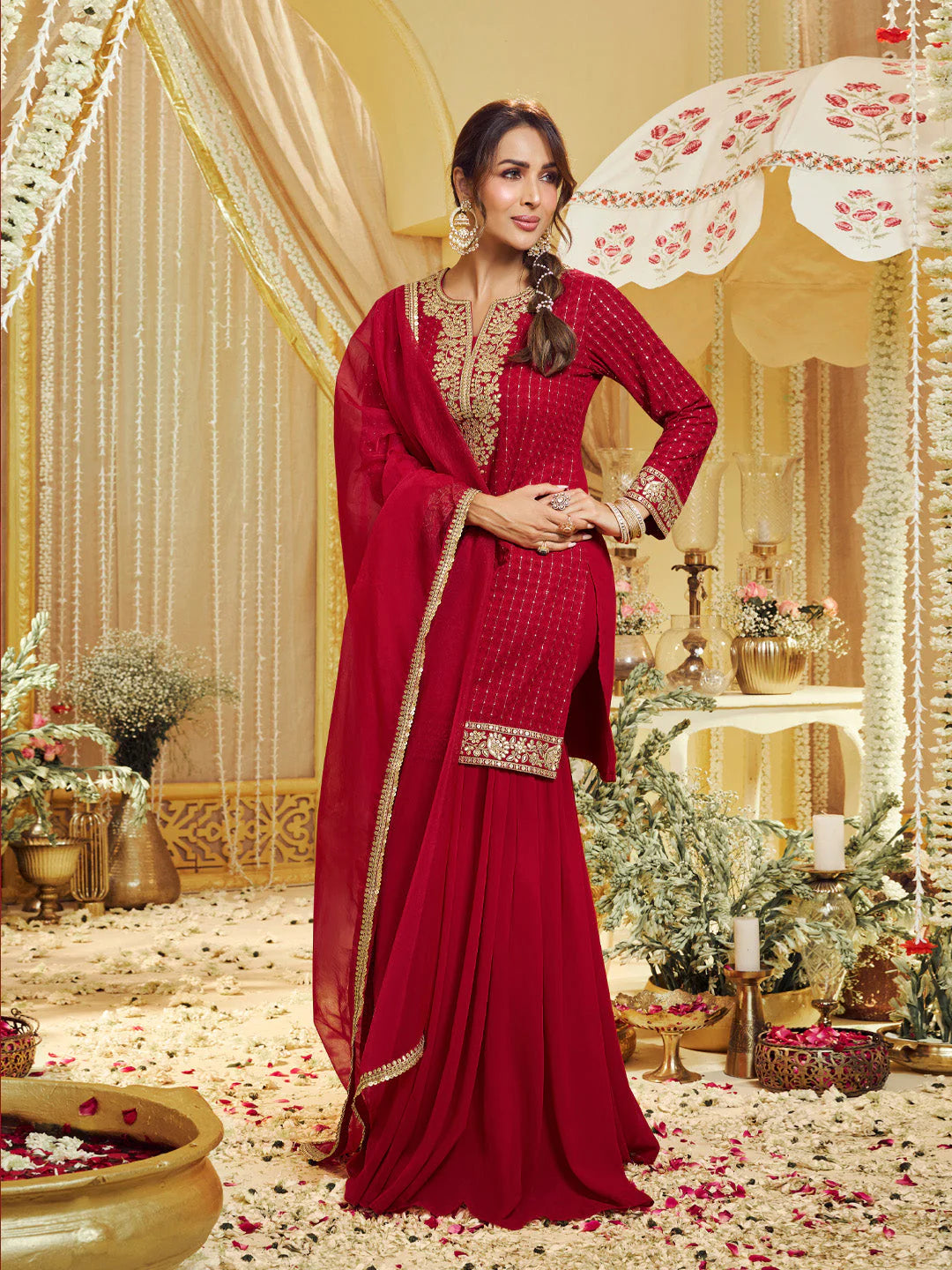 Floral Zari Embroidered Straight Kurta Set with Dupatta (Malaika Style)