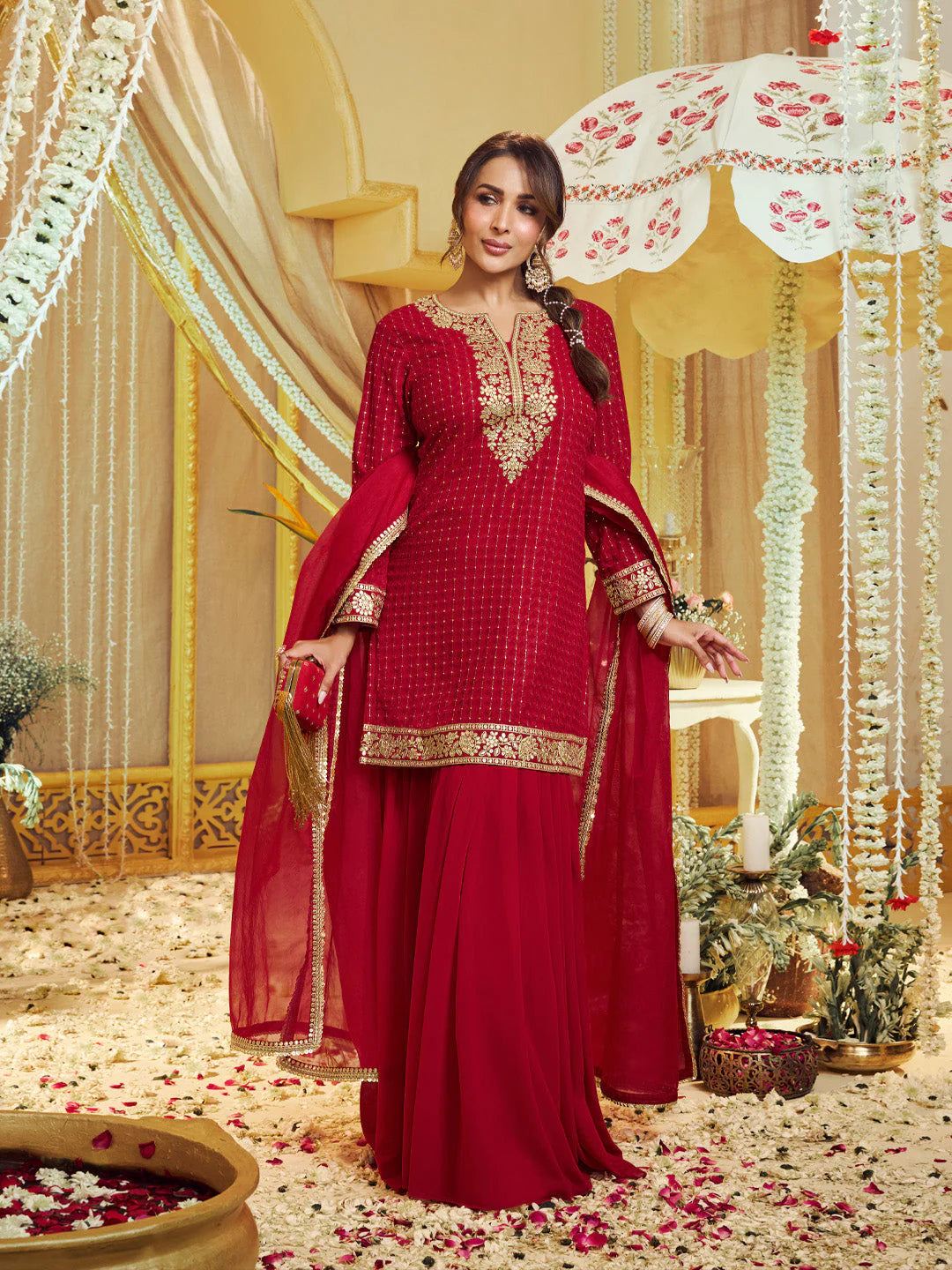 Floral Zari Embroidered Straight Kurta Set with Dupatta (Malaika Style)