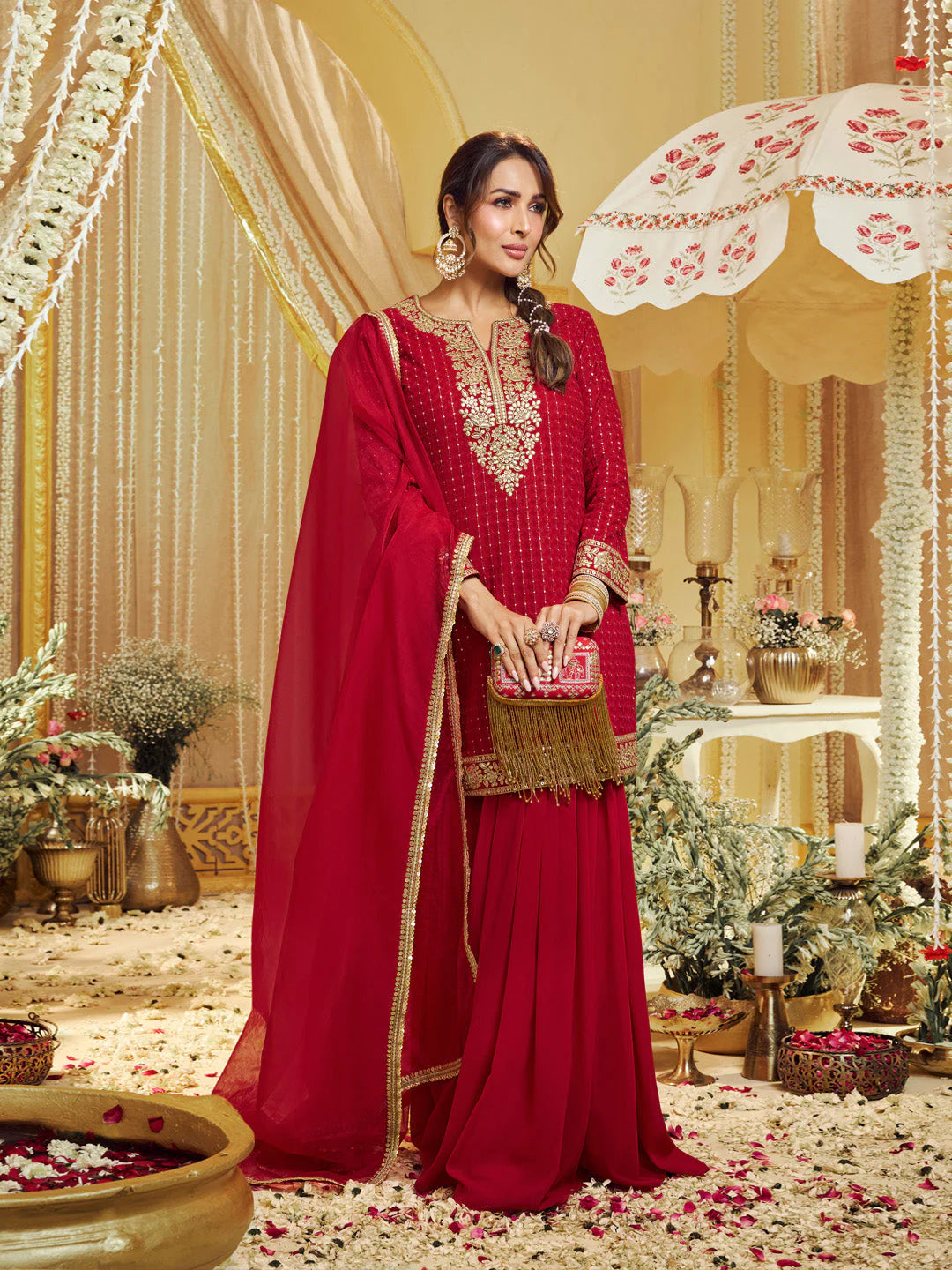 Floral Zari Embroidered Straight Kurta Set with Dupatta (Malaika Style)